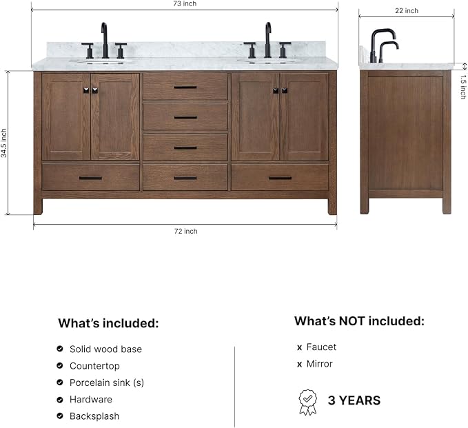 ARIEL Cambridge 72-inch Bathroom Vanity with Sink,Solid Wood, 1.5-inch Italian Carrara Marble Countertop, Double Oval Porcelain Sink, 4 Soft Closing Doors, 6 Dovetail Drawers, Brown Oak