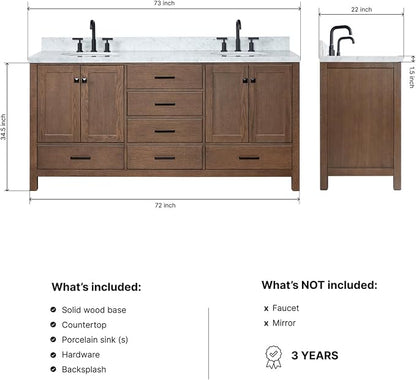 ARIEL Cambridge 72-inch Bathroom Vanity with Sink,Solid Wood, 1.5-inch Italian Carrara Marble Countertop, Double Oval Porcelain Sink, 4 Soft Closing Doors, 6 Dovetail Drawers, Brown Oak