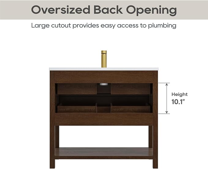 36 Inch Bathroom Vanity with Sink, Farmhouse Storage Cabinet with Drawers & Open Storage Shelf, Assembly Required, Adjustable Feet, Walnut