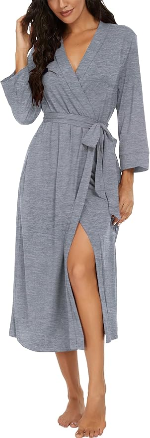 VINTATRE Women Kimono Robes Long Knit Bathrobe Lightweight Soft Knit Sleepwear V-neck Casual Ladies Loungewear