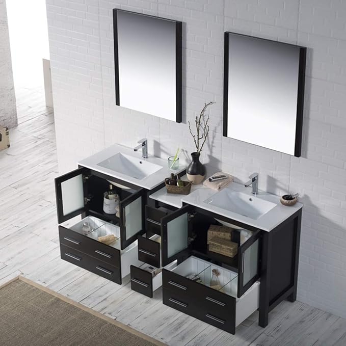 Blossom Luxury 72 Inch Solid Wood Bathroom Vanity Double Sink Set | Espresso Master Suite Vanity with Linen Cabinet | Modern Dual Sink Cabinet with Soft-Close Drawers & Tempered Glass Doors