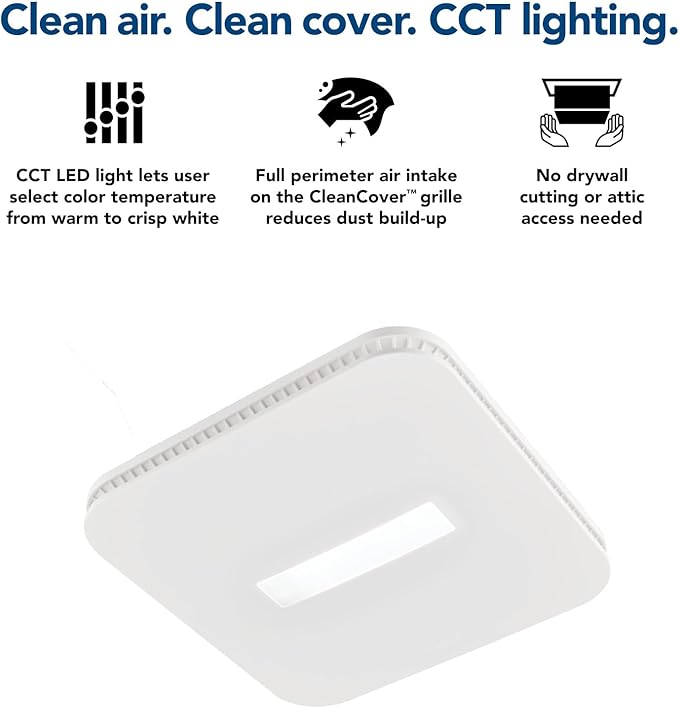 Broan-NuTone AER80CCTK CleanCover Bath Fan, 80 CFM, 0.7 Sone, with Selectable CCT LED Light, Energy Star, White
