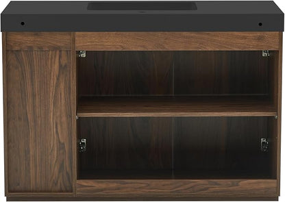 48" Bathroom Vanity with Sink, Freestanding Single Sink Bathroom Vanity with Black Engineered Stone Top & Open Side Storage, Soft-Closing Doors with Adjustable Shelf, Walnut
