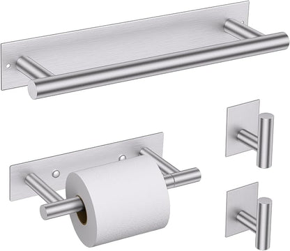 Lairuier Brushed Nickel Bathroom Hardware Set, Adhesive or Screw Wall Mount | Bathroom Accessories Set, Adhesive or Screw Wall Mount Toilet Paper Holder and Hand Towel Bar Holder, No Drill 2 Towel Hooks