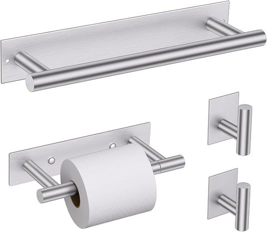 Lairuier Brushed Nickel Bathroom Hardware Set, Adhesive or Screw Wall Mount | Bathroom Accessories Set, Adhesive or Screw Wall Mount Toilet Paper Holder and Hand Towel Bar Holder, No Drill 2 Towel Hooks
