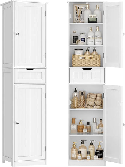 TEENFON 67" H Tall Bathroom Cabinet with 2 Doors & 1 Drawer, Narrow Bathroom Storage Cabinet with Adjustable Shelves, for Living Room, Entryway, Kitchen, White