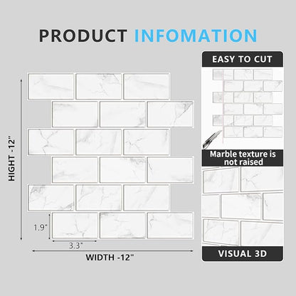 URCOLOR 10-Sheet Peel and Stick Backsplash Tile Sticker for Kitchen,12"x12" Self Adhesive Subway Wall Tiles Stick on Back Splashes for Bathroom White Marble Design