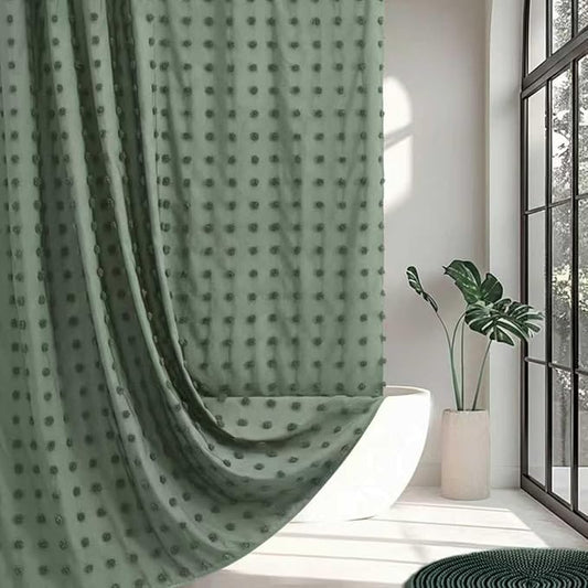 Extra Long Green Boho Shower Curtain Woven Fabric Cute Shower Curtain, 72 x 78 Tufted Pleat Floral Puffs Textured Modern Farmhouse Minimalist Shower Curtain Set with Hooks for Bathroom