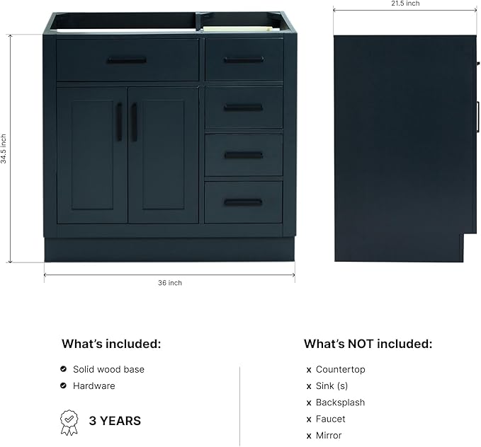 ARIEL Hepburn 36-inch Bathroom Vanity Base Cabinet,Solid Wood, 2 Soft Closing Doors, 5 Dovetail Drawers, Midnight Blue