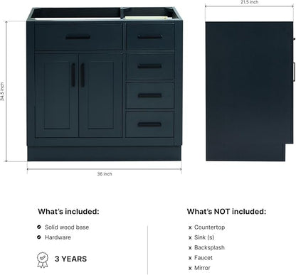 ARIEL Hepburn 36-inch Bathroom Vanity Base Cabinet,Solid Wood, 2 Soft Closing Doors, 5 Dovetail Drawers, Midnight Blue