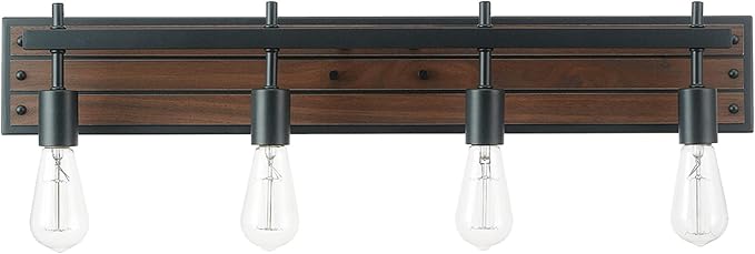 Globe Electric 52058 4-Light Vanity Light with Faux Wood Finish and Matte Black Accents, Ideal for Bathroom, Living Room, and for Makeup Over Mirror Lighting