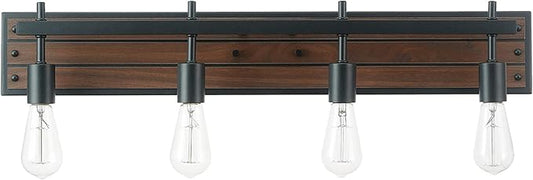 Globe Electric 52058 4-Light Vanity Light with Faux Wood Finish and Matte Black Accents, Ideal for Bathroom, Living Room, and for Makeup Over Mirror Lighting