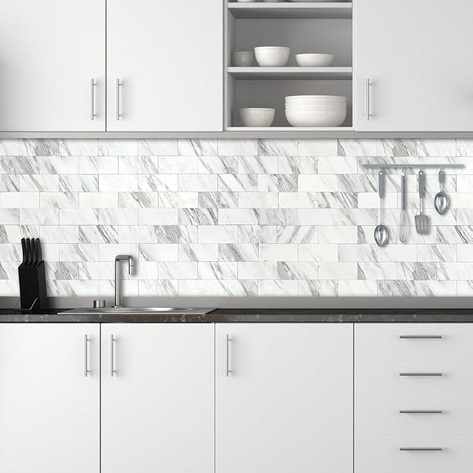AULIGET 100-Piece White Marble Look Peel and Stick Backsplash Wall Tiles, 3" x 6" PVC Faux Stone Stick on Tile for Backsplash Kitchen, Bathroom, Laundry Room, Camper, Fireplace