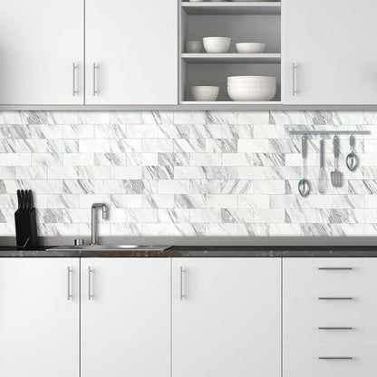 AULIGET 4-Piece White Marble Look Peel and Stick Backsplash Wall Tiles, 3" x 6" PVC Faux Stone Stick on Tile for Backsplash Kitchen, Bathroom, Laundry Room, Camper, Fireplace