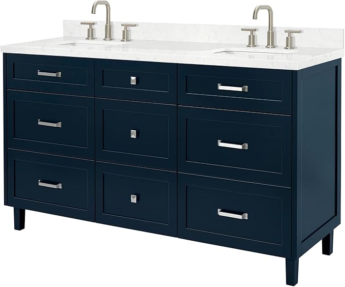 ARIEL Monroe 66-inch Bathroom Vanity with Sink,Solid Wood, 1.5-inch Carrara White Quartz Countertop & Backsplash, Double Oval Porcelain Sink, 9 Dovetail Drawers, Brushed Nickel, Midnight Blue