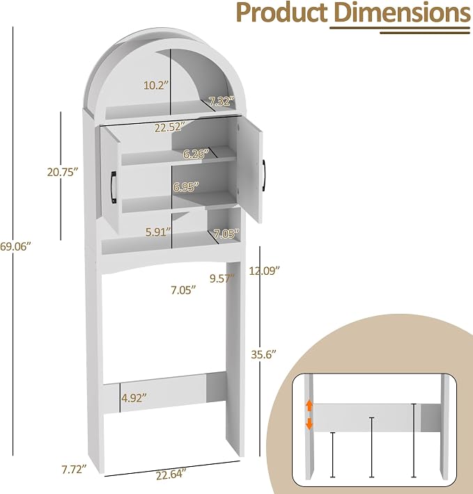 Spurgehom Arch Over The Toilet Storage Cabinet,Bathroom Organizer, White | Freestanding Bathroom Shelf Equipped with Anti-Tipping Device, Space-Saving Toiletries Storage Cabinet