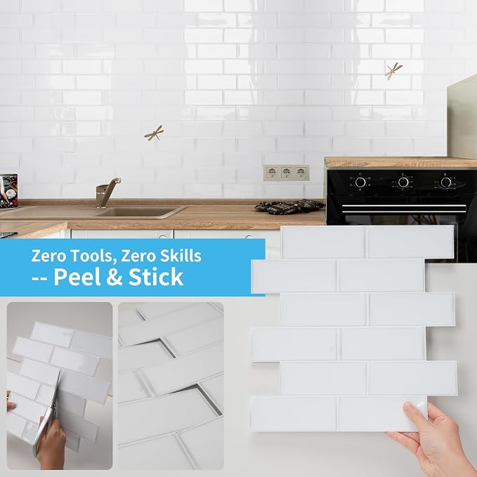Art3d Subway Design Wall Tile, Peel and Stick Backsplash, 10-Pack, White | 12 x 12 Inch, Water Resistant, Durable, Easy to Installation, Coastal Style, for Modern Home Decor, Kitchen, Home Improvement