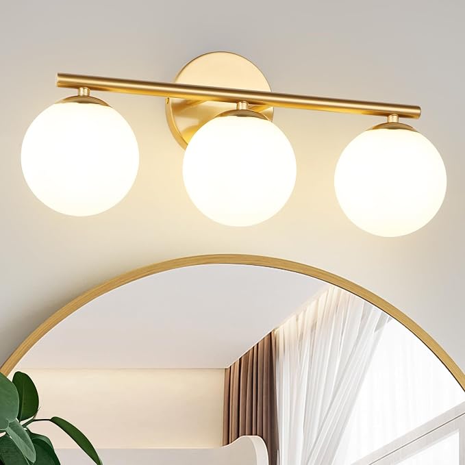 foucasal Gold 3-Light Globe Bathroom Vanity Light Fixture Over Mirror | G9 Socket, Plastic Milk Globe Shades, 4.72" Base, 10W Max, Adjustable Up/Down Light, Mid Century Style for Bathroom Bedroom