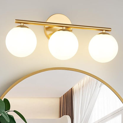 foucasal Gold 3-Light Globe Bathroom Vanity Light Fixture Over Mirror | G9 Socket, Plastic Milk Globe Shades, 4.72" Base, 10W Max, Adjustable Up/Down Light, Mid Century Style for Bathroom Bedroom