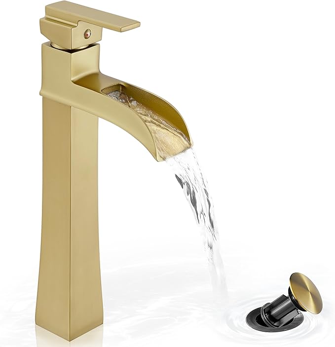 Brass Vessel Sink Faucets, Brushed Gold Tall Bathroom Faucet Single Handle, 1 Hole Bathroom Sink Faucet Waterfall Farmhouse Single Faucet Bathroom Sink with Pop-Up Drain & Pre-Installed Hoses
