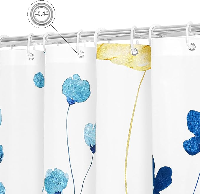 Blue Yellow Watercolor Floral Fabric Shower Curtain, 72x72 | Waterproof Fabric, Modern Minimalist Floral Print, Machine Washable, Rustproof Grommets, Fade Resistant, for Bath Home RV