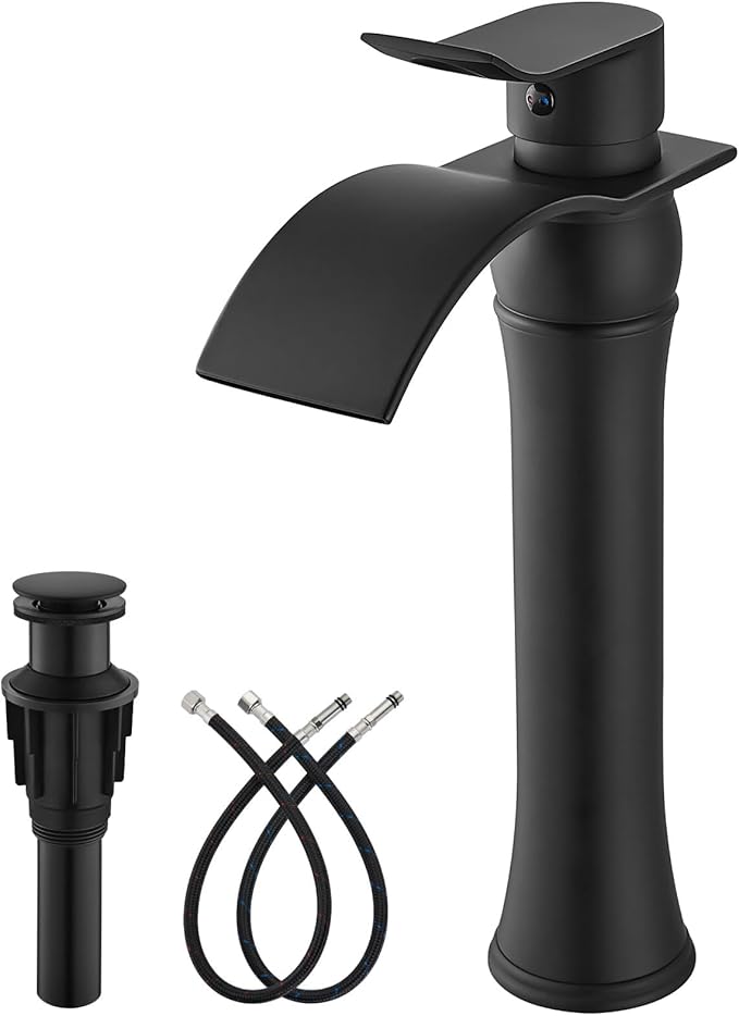 gotonovo Waterfall Vessel Sink Faucet for Sink 1 Hole,Single Handle Tall Bathroom Sink Faucet,Brass Waterfall Bathroom Faucet Arc Body Mixer Tap with Pop Up Drain and Supply Line,Matte Black