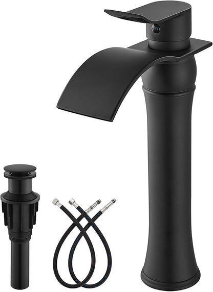 gotonovo Waterfall Vessel Sink Faucet for Sink 1 Hole,Single Handle Tall Bathroom Sink Faucet,Brass Waterfall Bathroom Faucet Arc Body Mixer Tap with Pop Up Drain and Supply Line,Matte Black