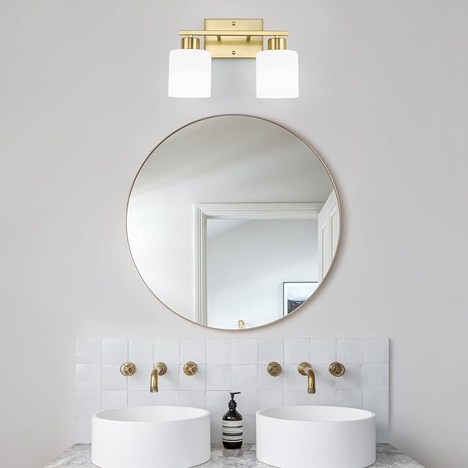 WILON 2 Light Brushed Gold Vanity Light, Bathroom Vanity Lighting Fixtures with Milk White Frosted Glass Shades, Modern Vanity Lights Over Mirror, E26 Wall Sconce for Restroom Living Room Bedroom
