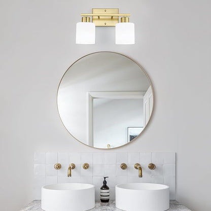 WILON 2 Light Brushed Gold Vanity Light, Bathroom Vanity Lighting Fixtures with Milk White Frosted Glass Shades, Modern Vanity Lights Over Mirror, E26 Wall Sconce for Restroom Living Room Bedroom