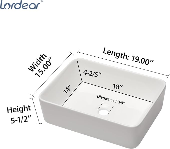 Lordear Vessel Sink With Faucet Combo 19"x15" Rectangular Bathroom Vessel Sink Faucet Combo Modern Rectangle Above Counter White Porcelain Ceramic Vessel Vanity Sink