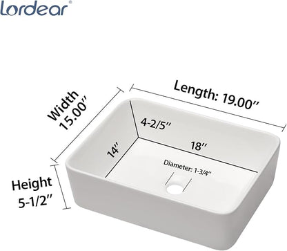 Lordear Vessel Sink Combo 19 x 15 White Bathroom Sink With Faucet Above Counter Rectangle White Ceramic Porcelain Sink with Matte Black Faucet Single Handle Combo