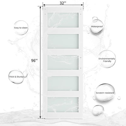 SmartStandard 32 x 96 in Glass Barn Door with 6FT Sliding Hardware Kit & Handle, Pre-Drilled Ready to Assemble, Waterproof PVC Coating, White, 5-Panel Glass