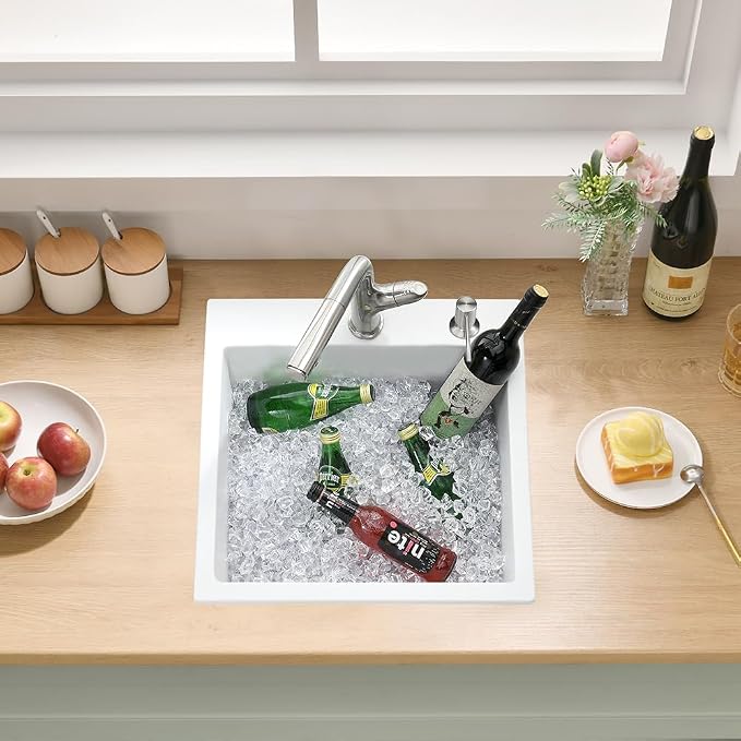 18 Inch Drop In Kitchen Sink, White | Granite Composite Drop In Sink Single Bowl Outdoor Quartz Rectangular Topmount Deep Basin with Small Rubber Squeegee,18x19x10