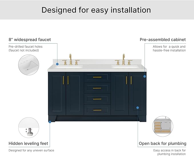 ARIEL Taylor 66-inch Bathroom Vanity with Sink,Solid Wood, 1.5-inch Carrara White Quartz Countertop, Double Rectangular Porcelain Sink, 4 Soft Closing Doors, 5 Dovetail Drawers, Midnight Blue