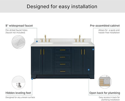 ARIEL Taylor 66-inch Bathroom Vanity with Sink,Solid Wood, 1.5-inch Carrara White Quartz Countertop, Double Rectangular Porcelain Sink, 4 Soft Closing Doors, 5 Dovetail Drawers, Midnight Blue