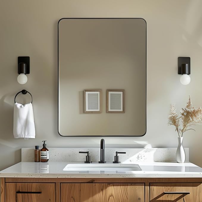 Wall Mirror for Bathroom with Stainless Steel Metal Frame, 22"x30" Rectangle Rounded Corner Frame, Matte Black Finish