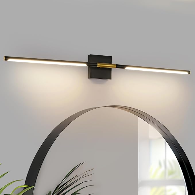 47 Inch Bathroom Light Fixtures, 28W 3CCT Dimmable Black and Gold LED Vanity Lighting Fixtures Over Mirror, 360?Rotatable Modern Bathroom Vanity Light Bar, AD-W9465-L120-BK