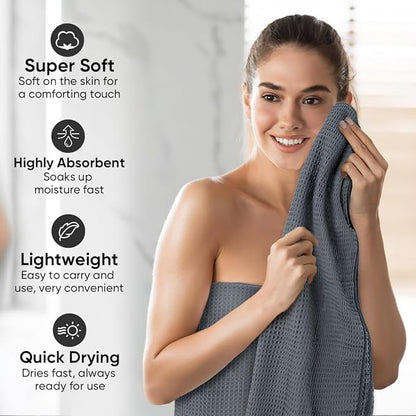 HOMEXCEL Waffle Bath Towels Set 4 Pack, Premium Microfiber Bathroom Towels, Ultra Soft, Lightweight, Highly Absorbent and Quick Dry Towel for Bathroom, Gym, Shower, Hotel, and Spa, 30 x 60 Inch, Grey
