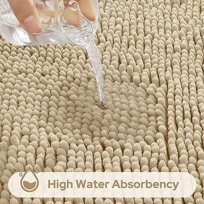 HOMEIDEAS Beige Chenille Bathroom Rugs Set of 3, Non Slip Bath Mat