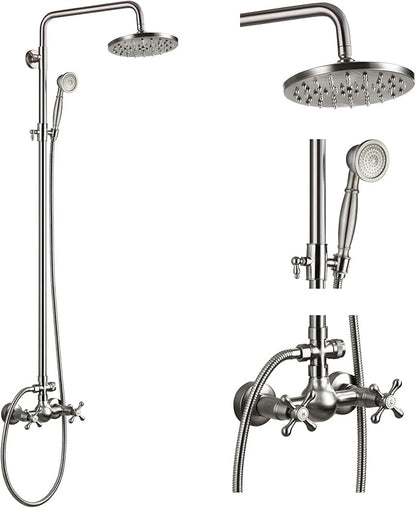 gotonovo Exposed Bathroom Shower Faucet Set Shower Fixture 8 Inch Rainfall Shower Head Handheld Shower Cross Handle Wall Mount 2 Functions Brushed Nickel