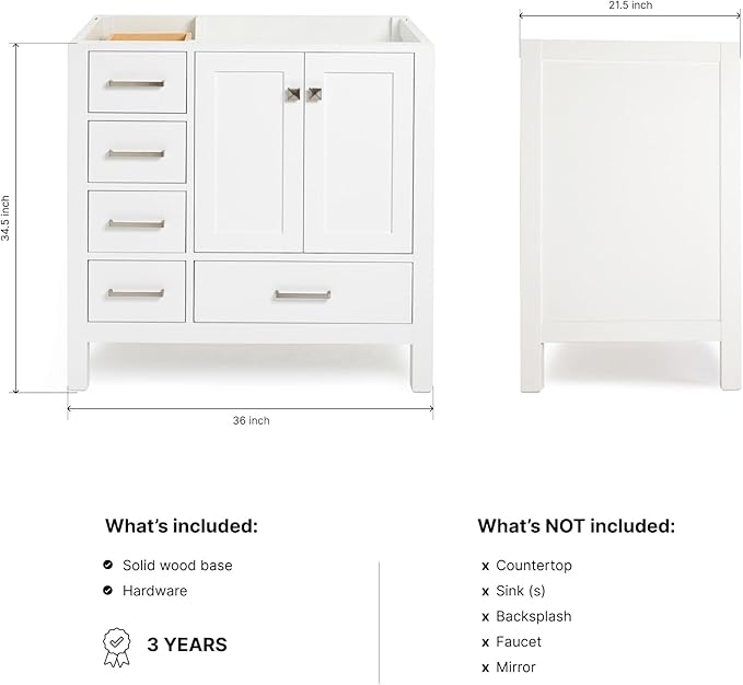 ARIEL Cambridge 36-inch Bathroom Vanity Base Cabinet,Solid Wood, 2 Soft Closing Doors, 5 Dovetail Drawers, White