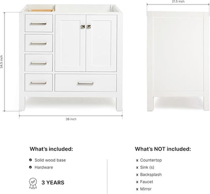 ARIEL Cambridge 36-inch Bathroom Vanity Base Cabinet,Solid Wood, 2 Soft Closing Doors, 5 Dovetail Drawers, White