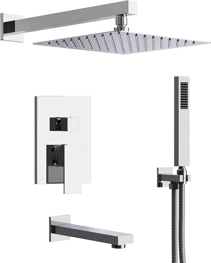 Shower Tub Faucet Set, 10" Bathroom Rainfall Shower Head Fixtures Combo with Handheld Spray and Tub Spout, Chrome (Valve Included)