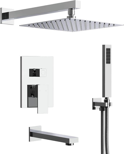 Shower Tub Faucet Set, 10" Bathroom Rainfall Shower Head Fixtures Combo with Handheld Spray and Tub Spout, Chrome (Valve Included)