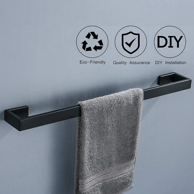 4 Pieces Bathroom Hardware Accessories Set Black Towel Bar Towel Holder Robe Hook Toilet Paper Holder Stainless Steel,Q8-P4BK