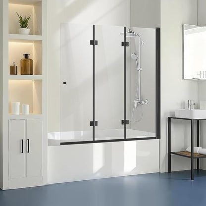 VEVOR Bathtub Shower Door, 51" W x 56" H, Frameless Foldable Hinged Shower Door, Tri-Fold Shower Glass Door with 1/4 in Tempered Glass Door, 180°Rotating and Folding Design, for Bathtub, Black