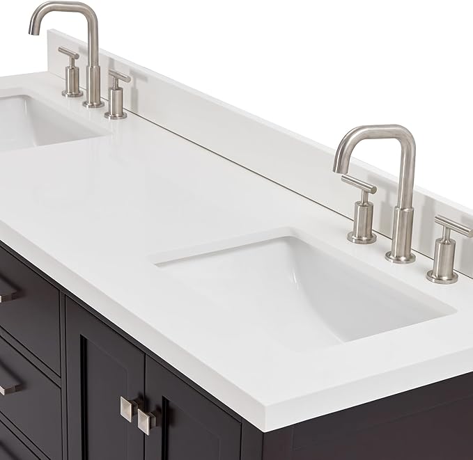 ARIEL Cambridge 66-inch Bathroom Vanity with Sink,Solid Wood, 1.5-inch Pure White Quartz Countertop, Double Rectangular Porcelain Sink, 4 Soft Closing Doors, 6 Dovetail Drawers, Espresso