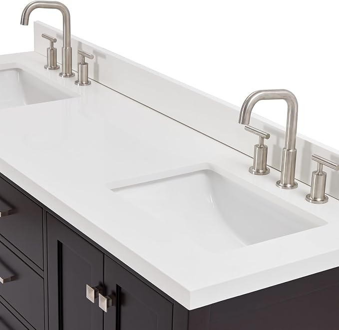 Beckford 66-Inch Espresso Double Bathroom Vanity, 1.5-Inch Edge Pure White Quartz Countertop & Backsplash, 2 Rectangular Undermount Sinks, 4 Soft Closing Doors, 6 Dovetail Drawers, Brushed Nickel