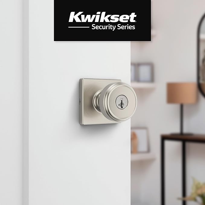 Kwikset Maven Entry Door Knob with Lock and Key, Secure Keyed Handle Exterior, Square Front Entrance and Bedroom, Satin Nickel, Pick Resistant SmartKey Rekey Security and Microban