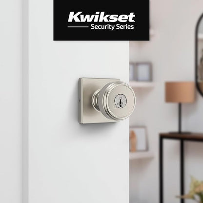 Kwikset Maven Entry Door Knob with Lock and Key, Secure Keyed Handle Exterior, Square Front Entrance and Bedroom, Satin Nickel, Pick Resistant SmartKey Rekey Security and Microban